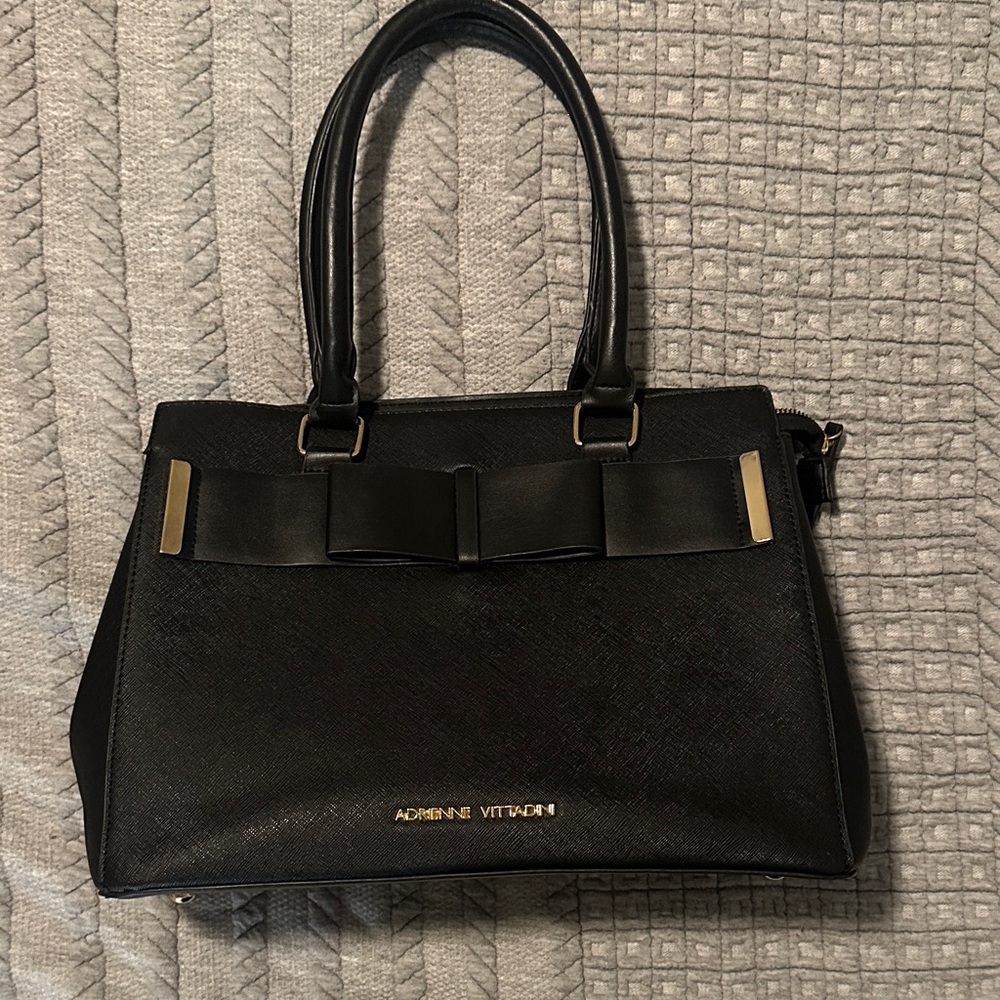 Adrienne Vittadini Black Satchel with Decorative Bow and Gold Accents